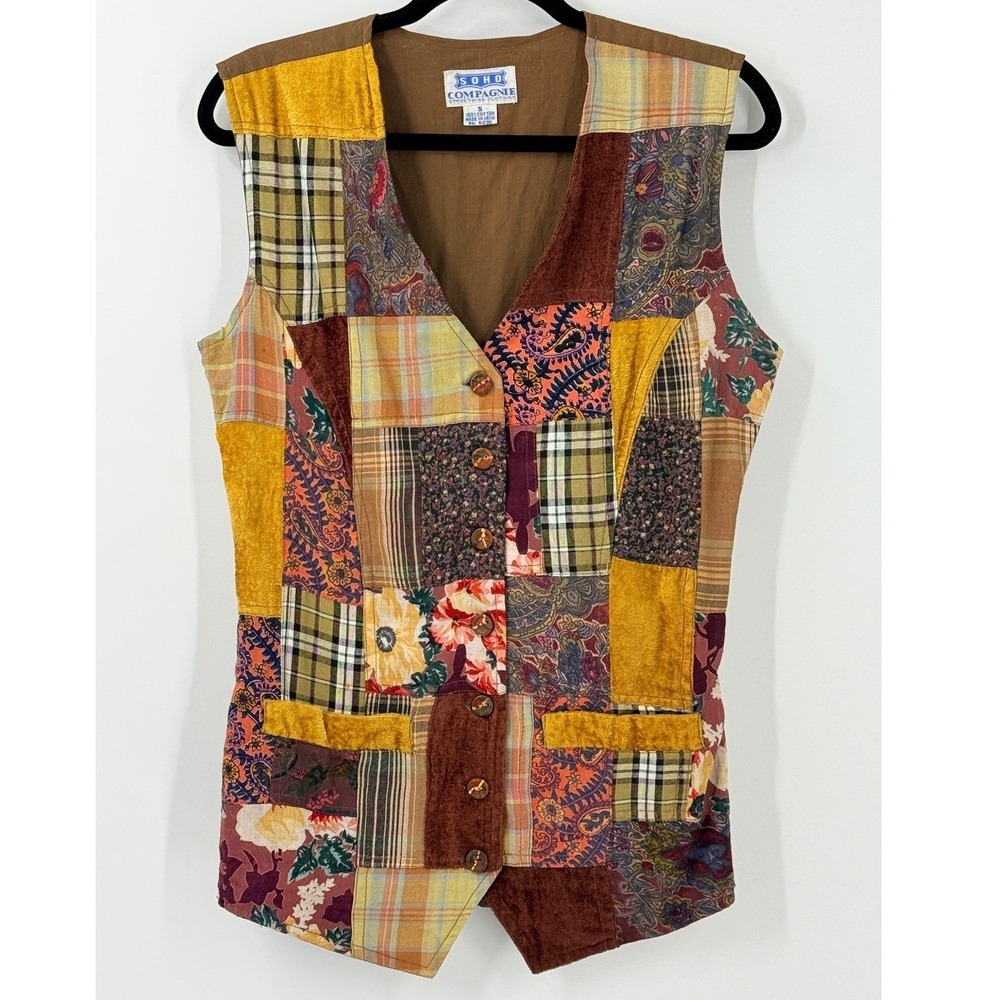 VTG 90s y2k Soho Compagnie Patchwork Vest Womens Sz S Boho Festival Hippie